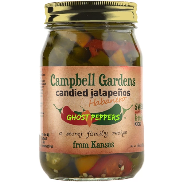 Campbell Gardens Candied Jalapeños With Habaneros And Ghost Peppers 16 Oz. BBQ Sauces, Marinades, Condiments & Seasonings